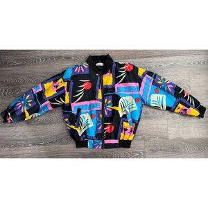 VTG Carol Horn Workshop Brightly Colored Print Silk Bomber Jacket Japan